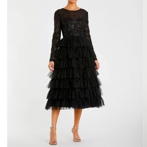 Mac Duggal Black Long Sleeve Ruffle Tiered Midi Dress Style 26299 - Reemoly